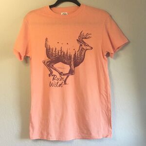 “Run Wild” deer trees birds short sleeved tshirt hippie boho nature forest woods